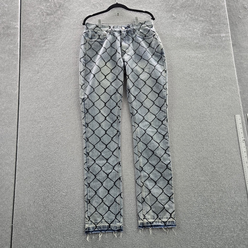 MNML Men Jeans 30 Blue Denim Geometric Chain Link Straight 34" Inseam READ